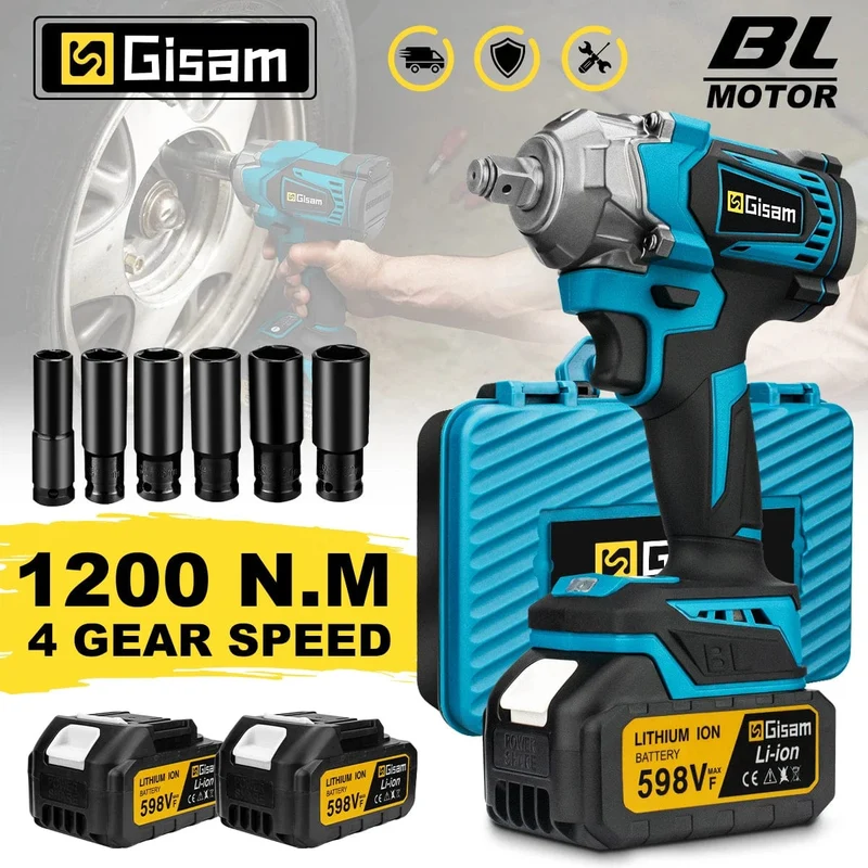 Gisam 1200N.M Bürstenloser elektrischer Schlagschrauber 1/2 Zoll Schraubendreher Akku-Elektroschrauber Elektrowerkzeuge für Makita 18V Akku