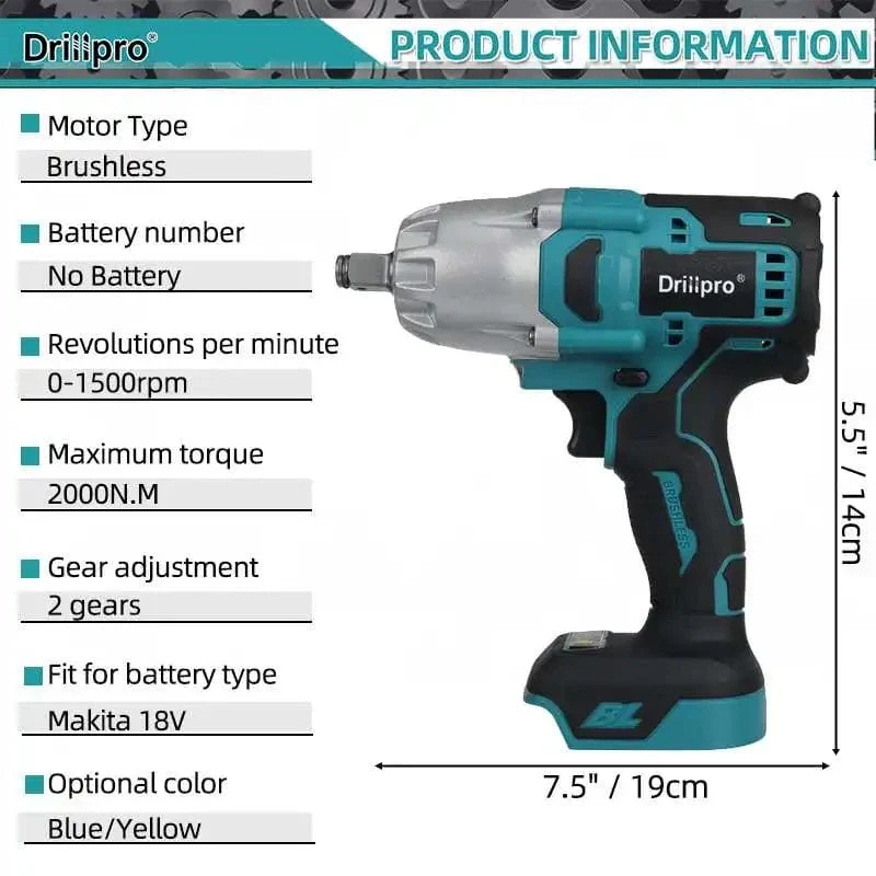 Drillpro Neuer bürstenloser Akku-Schlagschrauber mit 2000 Nm, wiederaufladbarer 1/2-Zoll-Schraubenschlüssel, Bohrmaschine, Elektrowerkzeug für Makita 18-V-Akku