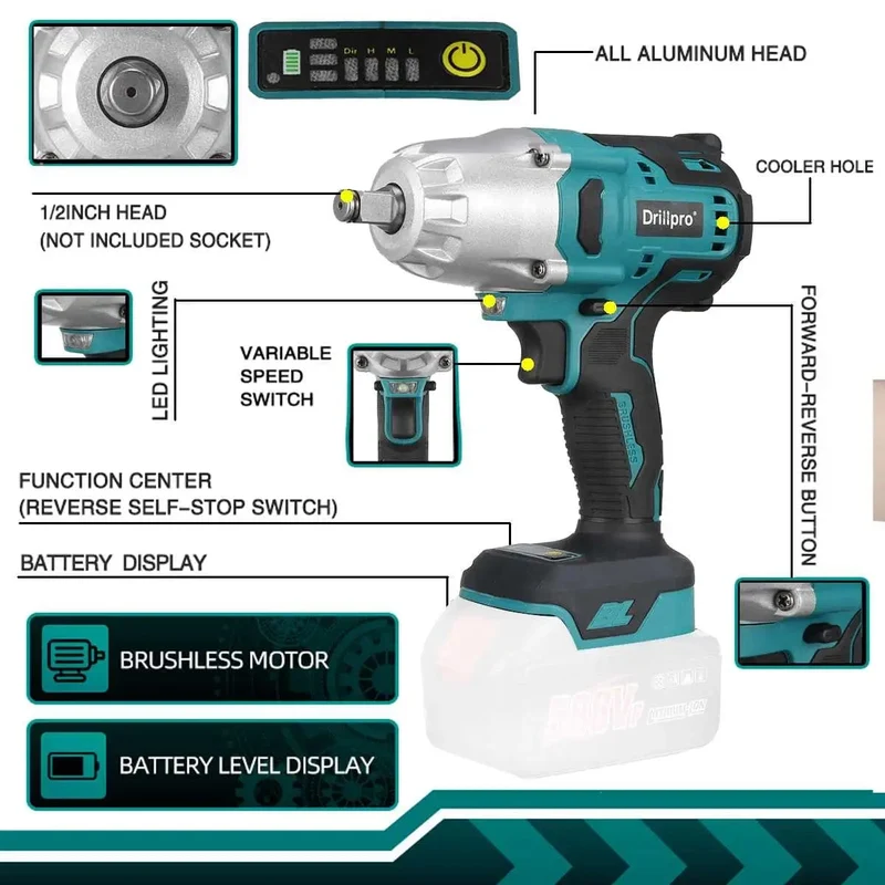 Drillpro Neuer bürstenloser Akku-Schlagschrauber mit 2000 Nm, wiederaufladbarer 1/2-Zoll-Schraubenschlüssel, Bohrmaschine, Elektrowerkzeug für Makita 18-V-Akku