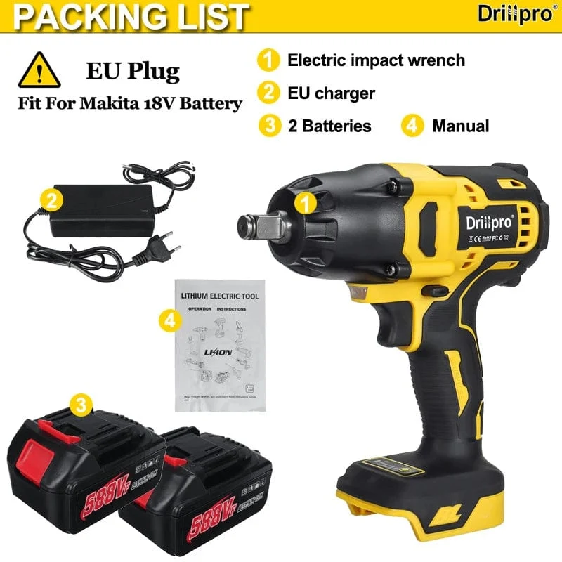 Drillpro Neuer bürstenloser Akku-Schlagschrauber mit 2000 Nm, wiederaufladbarer 1/2-Zoll-Schraubenschlüssel, Bohrmaschine, Elektrowerkzeug für Makita 18-V-Akku