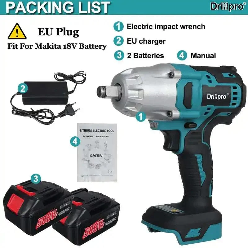 Drillpro Neuer bürstenloser Akku-Schlagschrauber mit 2000 Nm, wiederaufladbarer 1/2-Zoll-Schraubenschlüssel, Bohrmaschine, Elektrowerkzeug für Makita 18-V-Akku