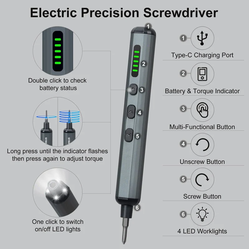 Präzisions-Elektroschraubendreher-Set, 68 in 1, kabellos, 64 S2-Präzisionsbohrer, 5 Drehmomenteinstellungen, LED-Handreparatur-Werkzeugsatz