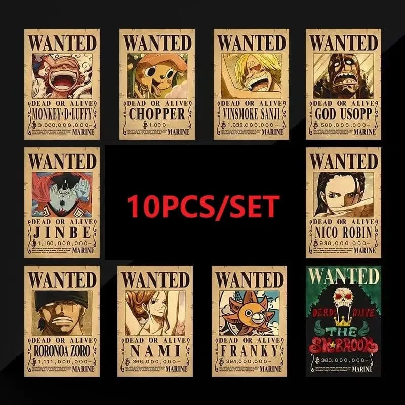 10 STÜCKE Anime Luffy Strohhut-piraten One Piece Steckbrief Aufkleber Vintage Malerei Kind Bett Zimmer Wand Schmücken Erwachsene Spielzeug Geschenk