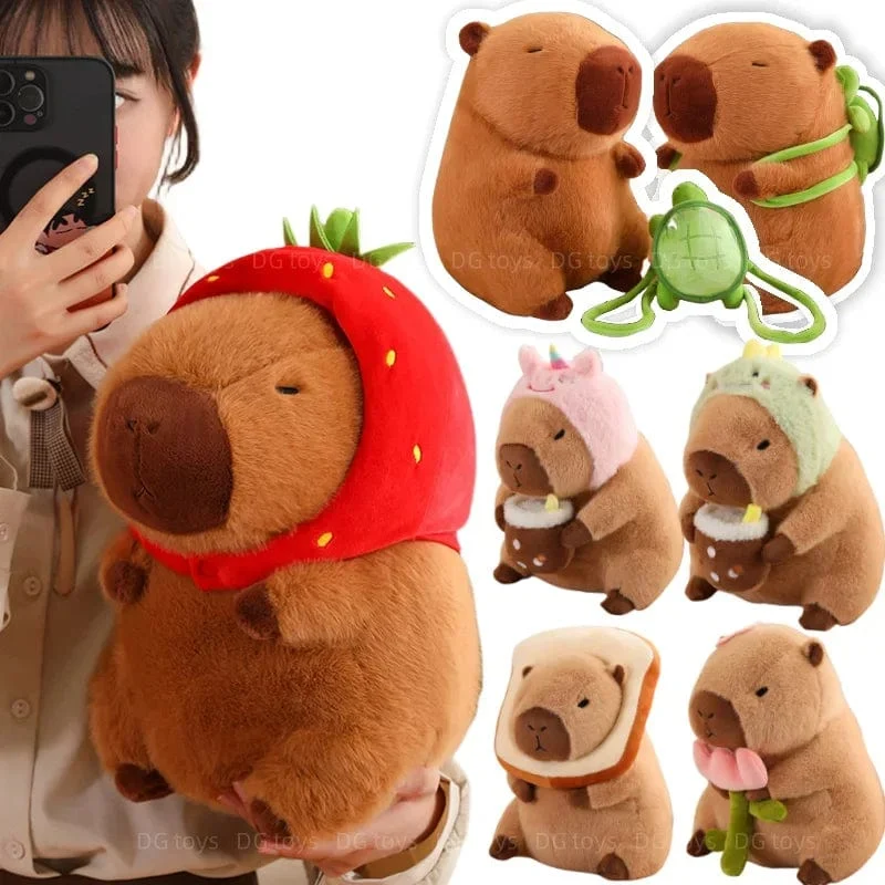 Erdbeerhut Capybara Plüschtier Simulation Schildkröte Rucksack Capibara Kuscheltiere Papa Hand Kreis Ring Kleiner Anhänger