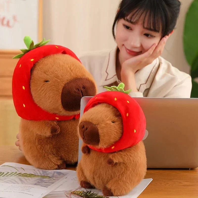Erdbeerhut Capybara Plüschtier Simulation Schildkröte Rucksack Capibara Kuscheltiere Papa Hand Kreis Ring Kleiner Anhänger