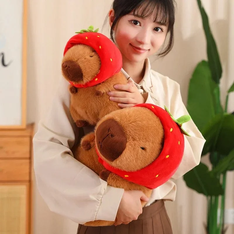 Erdbeerhut Capybara Plüschtier Simulation Schildkröte Rucksack Capibara Kuscheltiere Papa Hand Kreis Ring Kleiner Anhänger