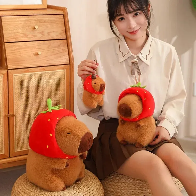 Erdbeerhut Capybara Plüschtier Simulation Schildkröte Rucksack Capibara Kuscheltiere Papa Hand Kreis Ring Kleiner Anhänger