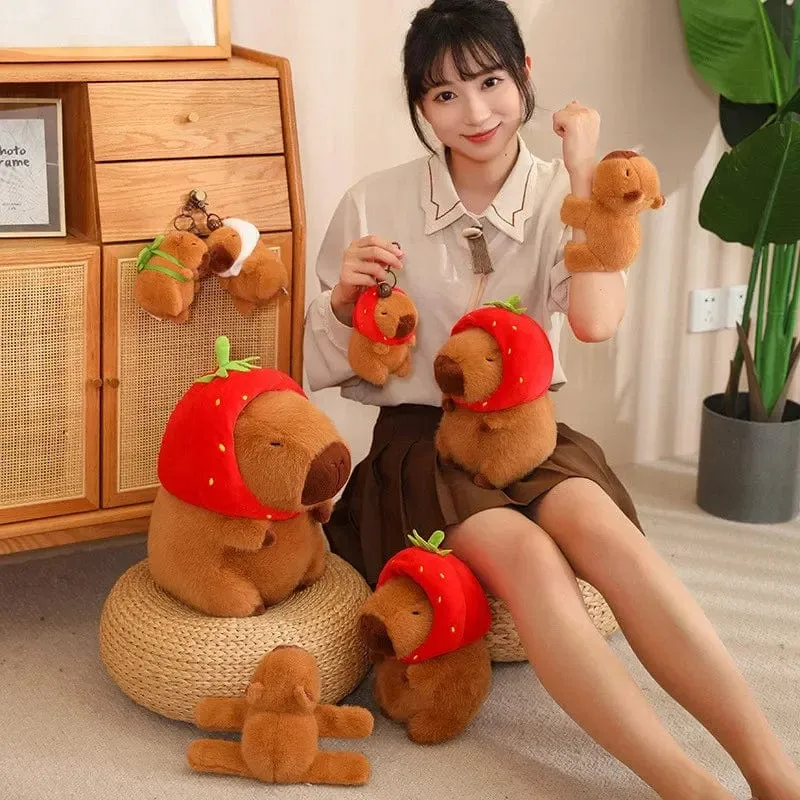 Erdbeerhut Capybara Plüschtier Simulation Schildkröte Rucksack Capibara Kuscheltiere Papa Hand Kreis Ring Kleiner Anhänger