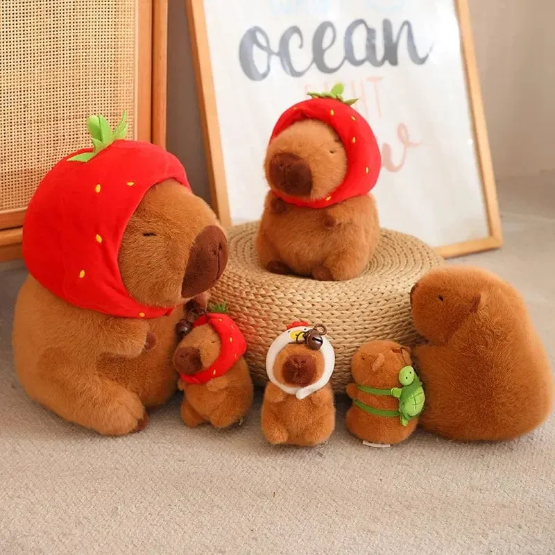 Erdbeerhut Capybara Plüschtier Simulation Schildkröte Rucksack Capibara Kuscheltiere Papa Hand Kreis Ring Kleiner Anhänger
