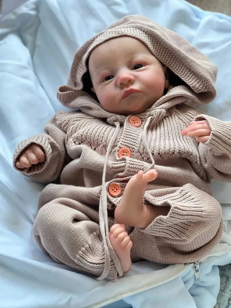 NPK 19 Zoll, bereits bemalte und fertige Reborn-Babypuppe Levi Awake, Neugeborenengröße, 3D-Haut, sichtbare Adern, Sammlerkunstpuppe