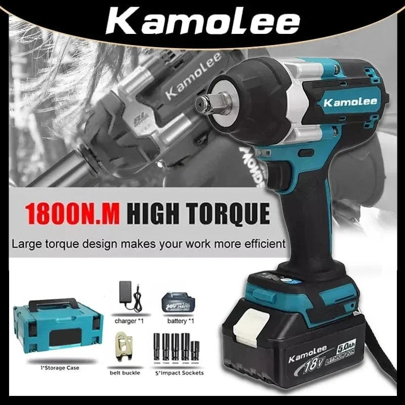 Kamolee 1800 NM Drehmoment DTW700 Bürstenloser elektrischer Schlagschrauber 1/2 Zoll Lithium-Ionen-Akku für Makita 18V Akku
