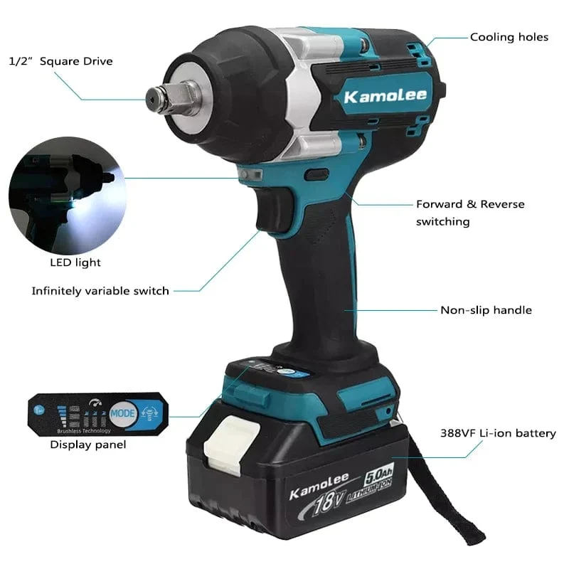 Kamolee 1800 NM Drehmoment DTW700 Bürstenloser elektrischer Schlagschrauber 1/2 Zoll Lithium-Ionen-Akku für Makita 18V Akku