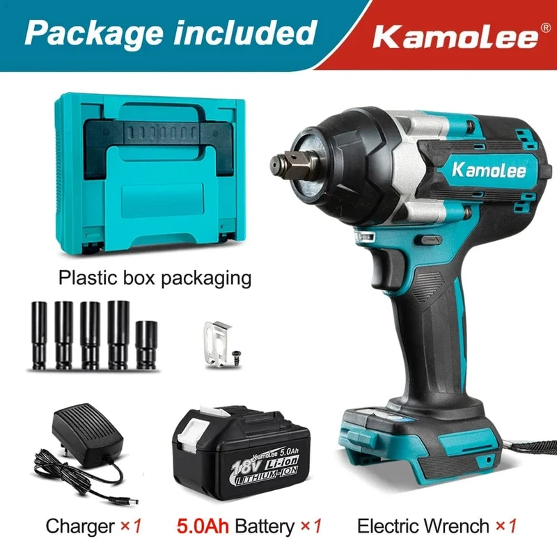 Kamolee 1800 NM Drehmoment DTW700 Bürstenloser elektrischer Schlagschrauber 1/2 Zoll Lithium-Ionen-Akku für Makita 18V Akku