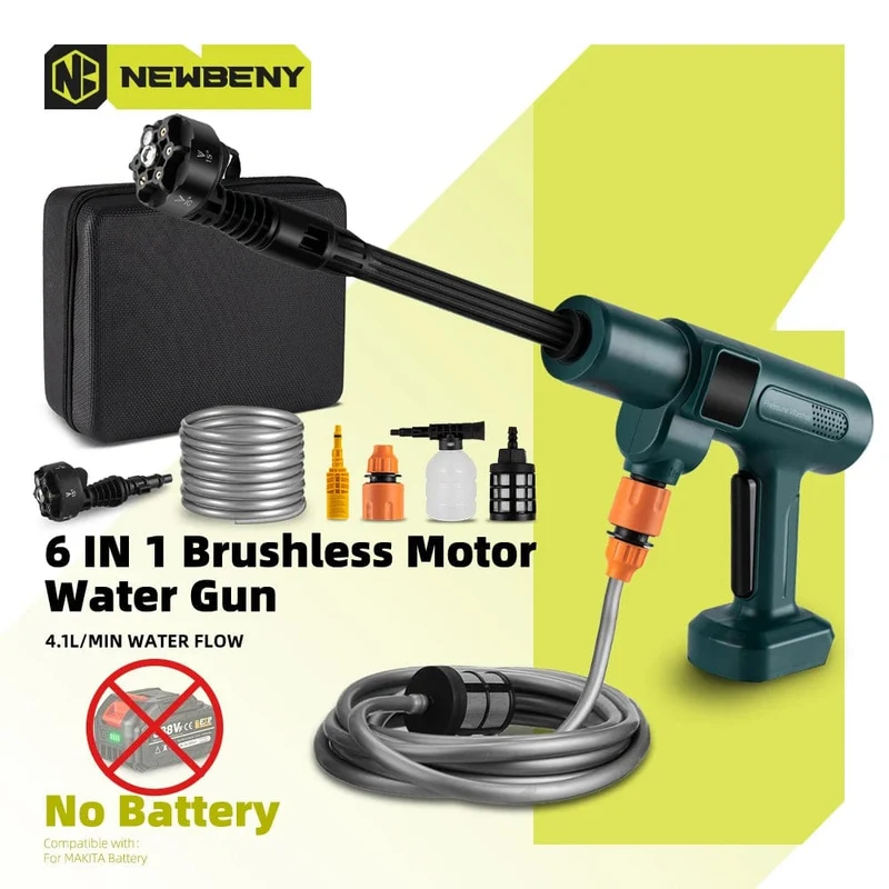 NEWBENY 200Bar bürstenlose Hochdruck-Autowaschpistole 6 IN 1 elektrische Gartenwaschwasser-Spritzpistole für Makita 18V Batterie