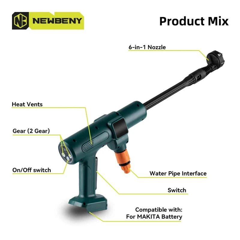 NEWBENY 200Bar bürstenlose Hochdruck-Autowaschpistole 6 IN 1 elektrische Gartenwaschwasser-Spritzpistole für Makita 18V Batterie