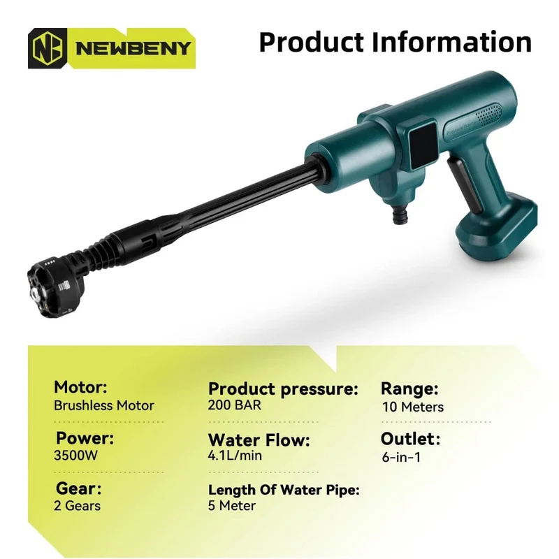NEWBENY 200Bar bürstenlose Hochdruck-Autowaschpistole 6 IN 1 elektrische Gartenwaschwasser-Spritzpistole für Makita 18V Batterie