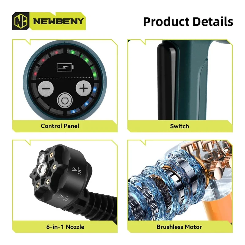 NEWBENY 200Bar bürstenlose Hochdruck-Autowaschpistole 6 IN 1 elektrische Gartenwaschwasser-Spritzpistole für Makita 18V Batterie