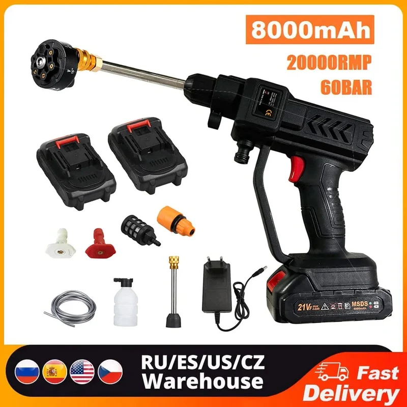 Kabellose Hochdruck-Wasserpistole 21 V, 8000 mAh, 300 W, 60 BAR, Sprüh-Autowaschwerkzeug, tragbarer wiederaufladbarer Haushalts-Wasserpistolen-Maschine