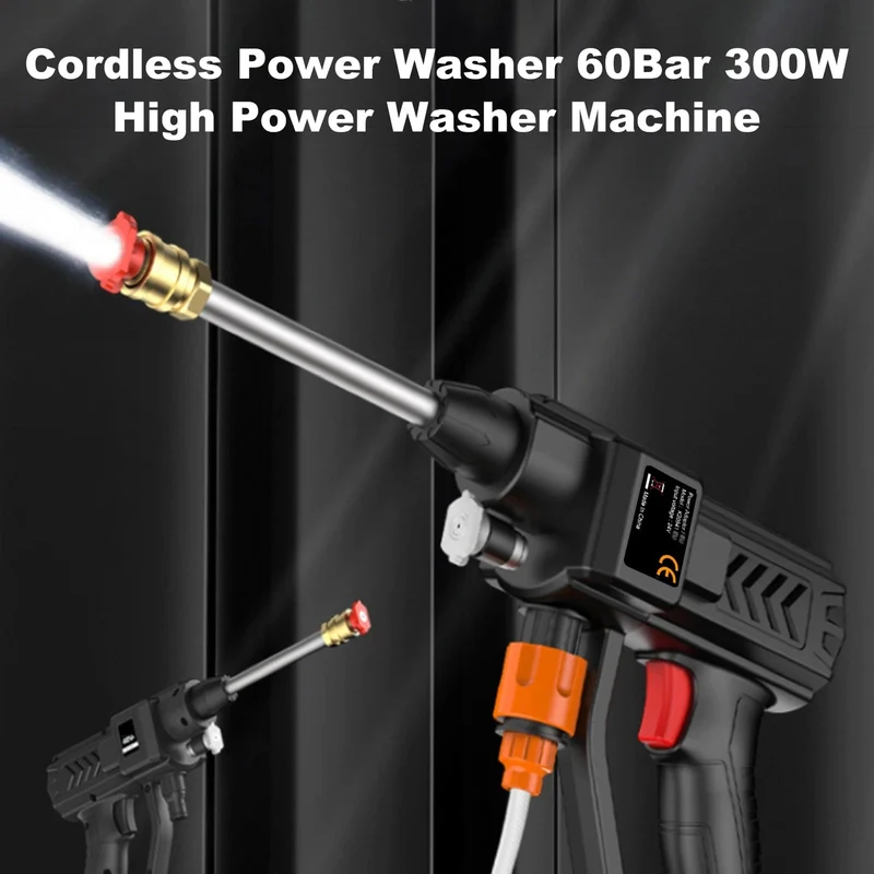 Kabellose Hochdruck-Wasserpistole 21 V, 8000 mAh, 300 W, 60 BAR, Sprüh-Autowaschwerkzeug, tragbarer wiederaufladbarer Haushalts-Wasserpistolen-Maschine