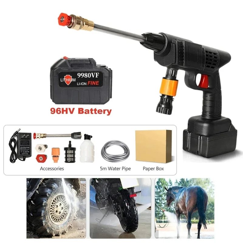 Tragbare Hochdruck-Wasserpistole zum Reinigen von Autowaschanlagen, Gartenbewässerungsschlauch, Düsensprinkler, Schaumwasserpistole, 96 HV, große Batterie