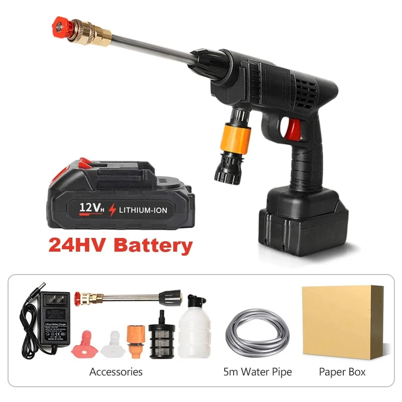 Tragbare Hochdruck-Wasserpistole zum Reinigen von Autowaschanlagen, Gartenbewässerungsschlauch, Düsensprinkler, Schaumwasserpistole, 96 HV, große Batterie