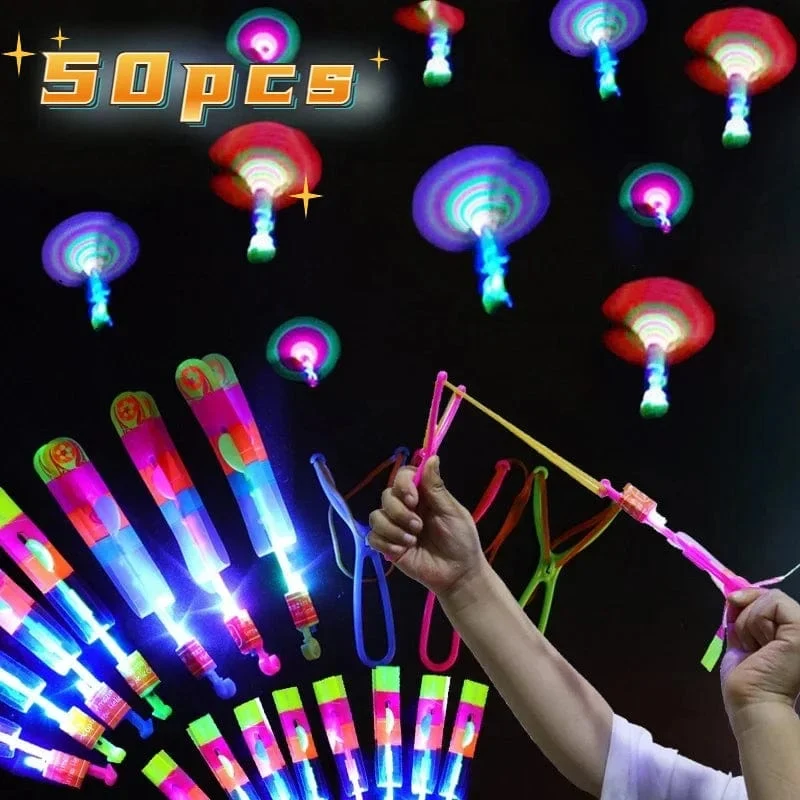 1/10/30/50 stücke Erstaunliche Licht Spielzeug Pfeil Rakete Hubschrauber Fliegen Spielzeug LED Licht Spielzeug Party Spaß Geschenke Gummiband Katapult