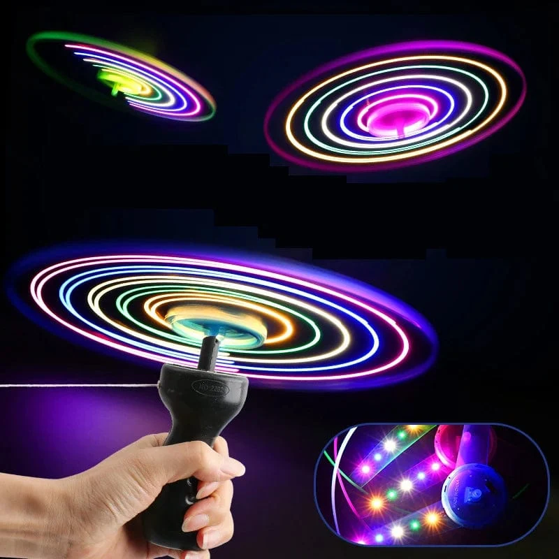 1 Stück leuchtendes UFO mit Zugdraht, lustiges, drehbares Fluggerät mit leuchtendem LED-Licht und Griff, Spielzeug für Kinder, Geschenk für Outdoor-Sport, Eltern-Kind-Spiel