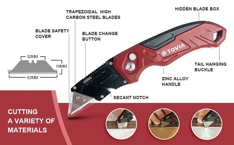 T TOVIA Klappmesser, auswechselbares Universalmesser für Kabelkartons, Kartons, Schneidegriff, Messerklingen, Outdoor-Handwerkzeug