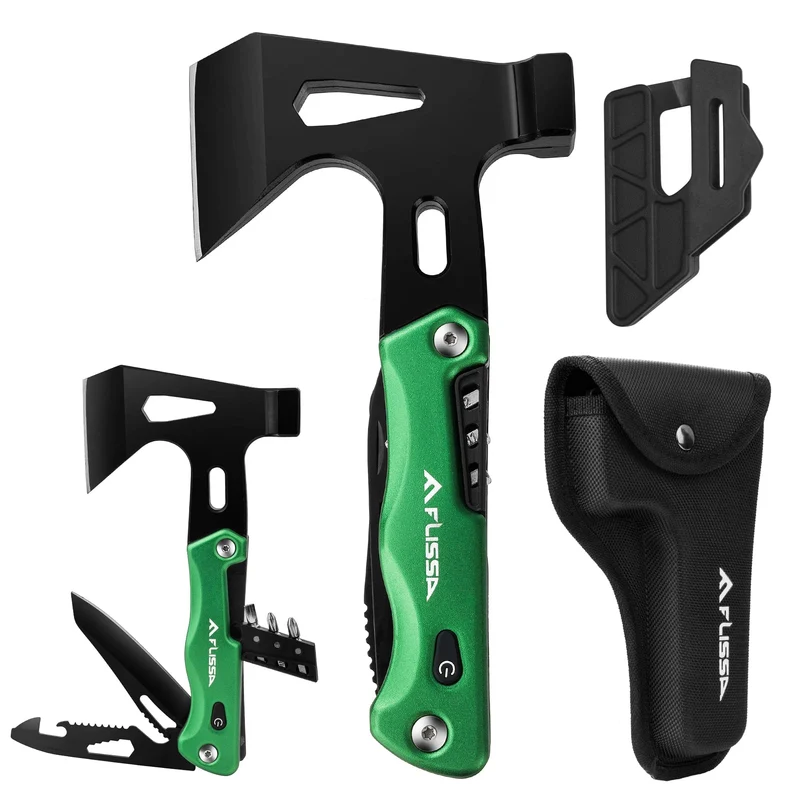 FLISSA 14 in 1 Multitool, Campingbeil mit Scheide, Multifunktionsaxt mit LED-Licht, Camping-Holzbearbeitung, Outdoor-Survival-Tool