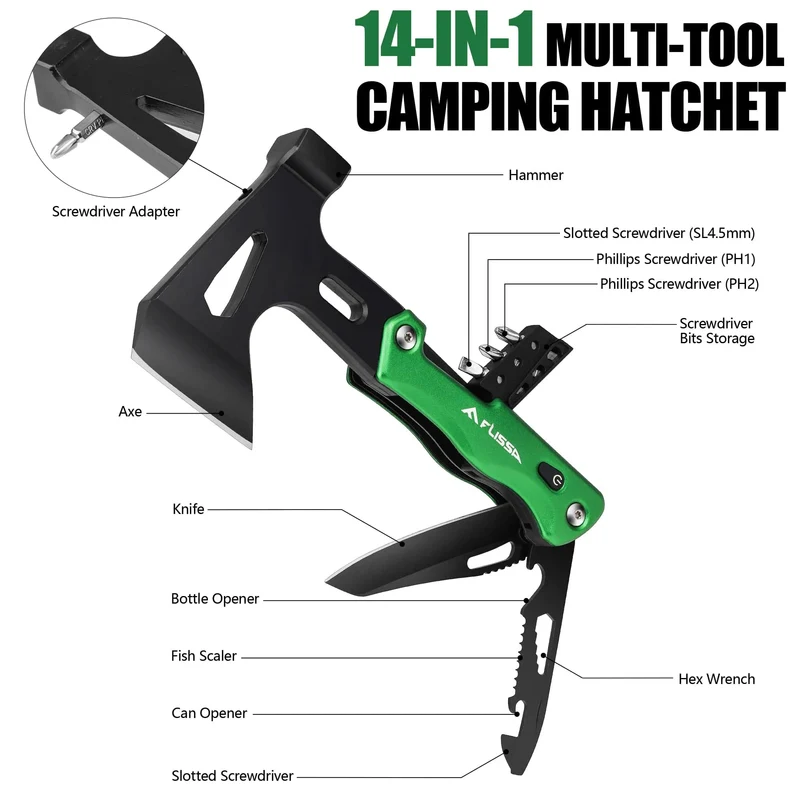 FLISSA 14 in 1 Multitool, Campingbeil mit Scheide, Multifunktionsaxt mit LED-Licht, Camping-Holzbearbeitung, Outdoor-Survival-Tool