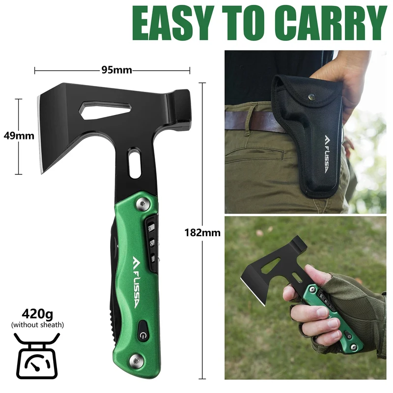 FLISSA 14 in 1 Multitool, Campingbeil mit Scheide, Multifunktionsaxt mit LED-Licht, Camping-Holzbearbeitung, Outdoor-Survival-Tool