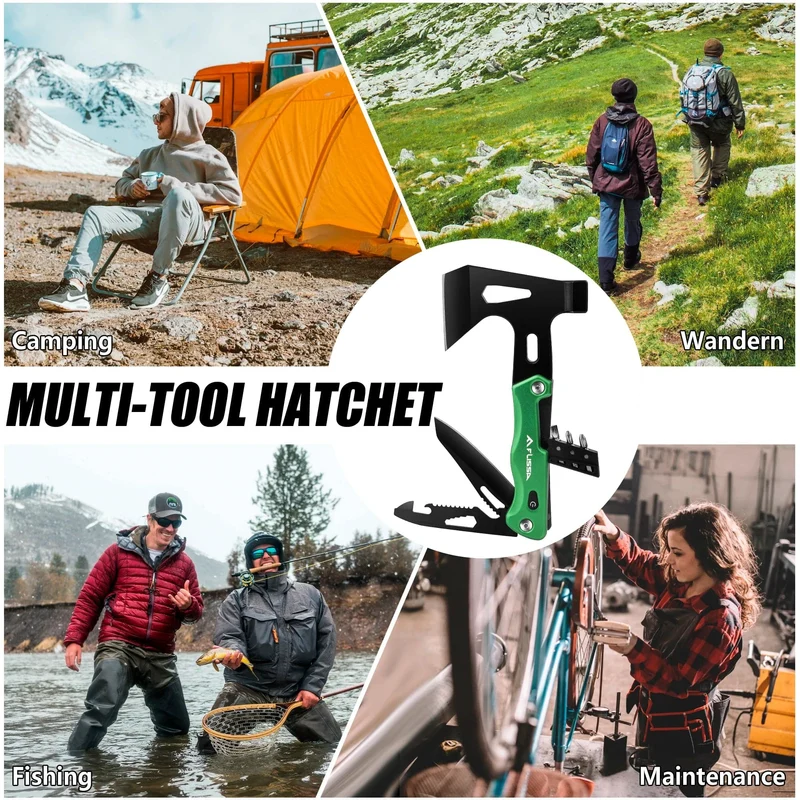 FLISSA 14 in 1 Multitool, Campingbeil mit Scheide, Multifunktionsaxt mit LED-Licht, Camping-Holzbearbeitung, Outdoor-Survival-Tool