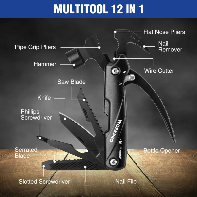 FLISSA 14 in 1 Multitool, Campingbeil mit Scheide, Multifunktionsaxt mit LED-Licht, Camping-Holzbearbeitung, Outdoor-Survival-Tool
