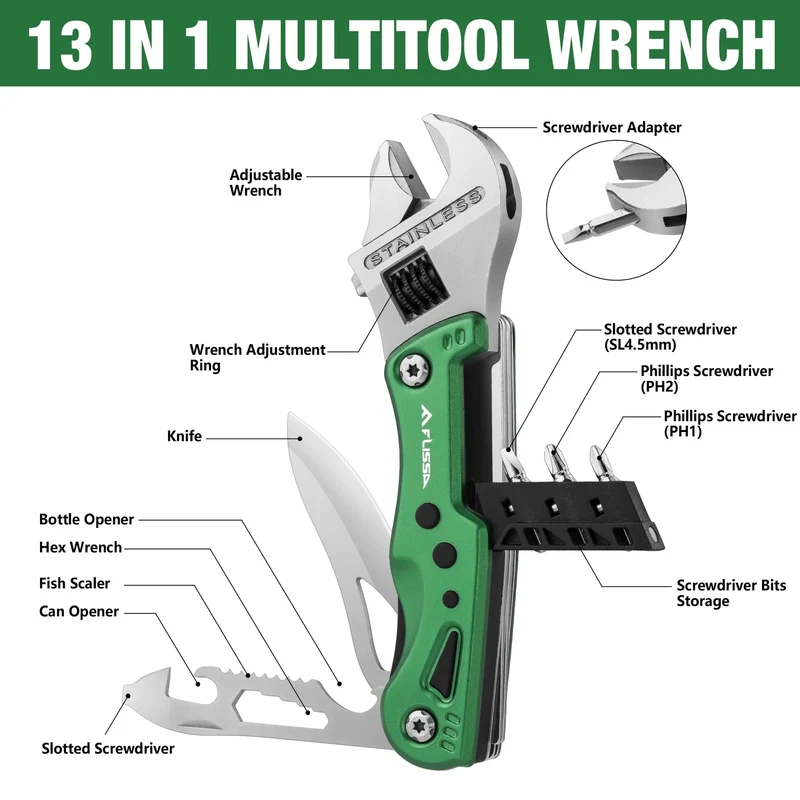 FLISSA 14 in 1 Multitool, Campingbeil mit Scheide, Multifunktionsaxt mit LED-Licht, Camping-Holzbearbeitung, Outdoor-Survival-Tool