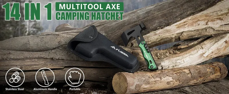 FLISSA 14 in 1 Multitool, Campingbeil mit Scheide, Multifunktionsaxt mit LED-Licht, Camping-Holzbearbeitung, Outdoor-Survival-Tool