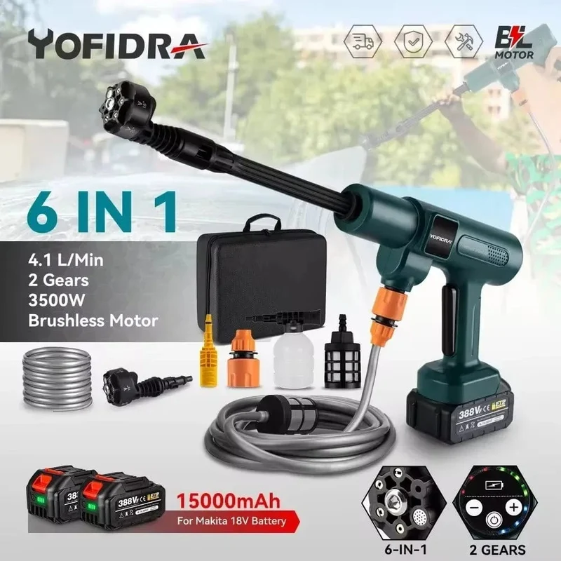 3500W 200Bar bürstenlose Hochdruck-Autowaschpistole 6-in-1-Schaumgenerator-Reinigungsmaschine für Makita 18V-Batterie