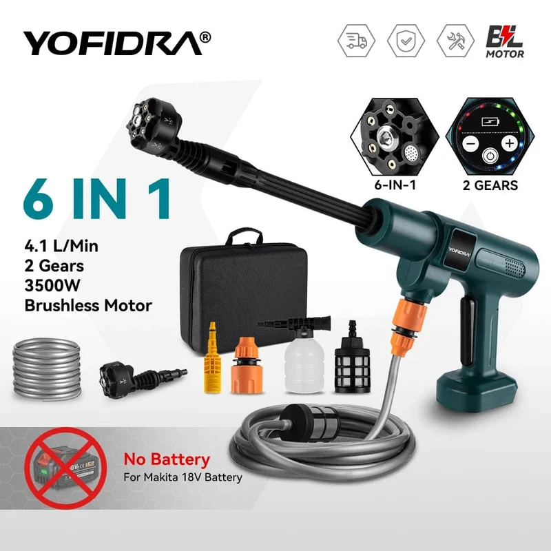 YOFIDRA 200Bar bürstenloser elektrischer Hochdruckreiniger, Wasserpistole, 6IN1, kabellose Autowaschanlage, Gartenreinigung für Makita 18V Akku