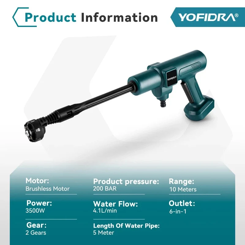 YOFIDRA 200Bar bürstenloser elektrischer Hochdruckreiniger, Wasserpistole, 6IN1, kabellose Autowaschanlage, Gartenreinigung für Makita 18V Akku
