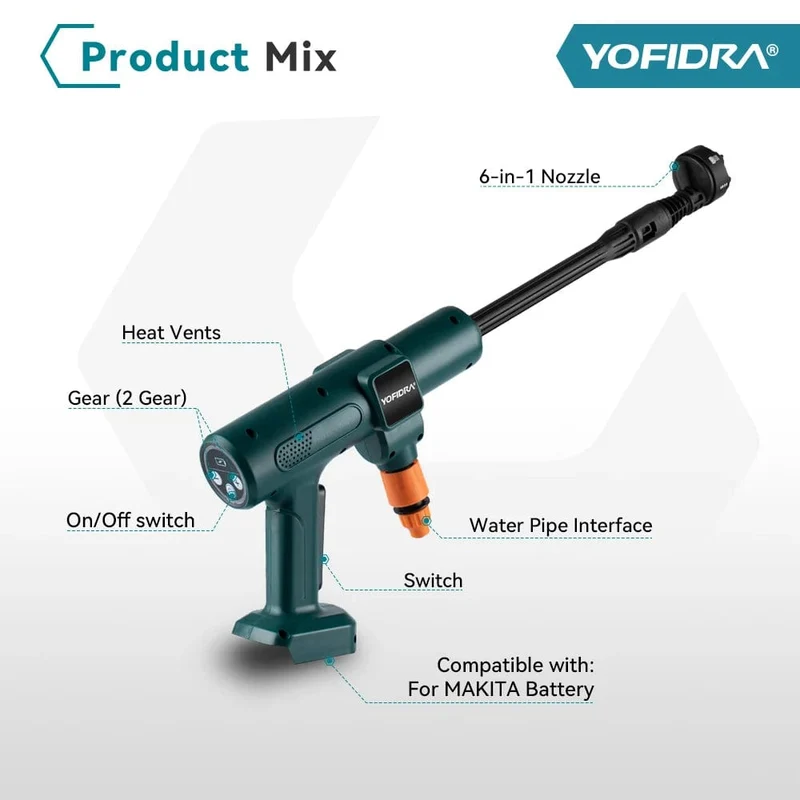 YOFIDRA 200Bar bürstenloser elektrischer Hochdruckreiniger, Wasserpistole, 6IN1, kabellose Autowaschanlage, Gartenreinigung für Makita 18V Akku