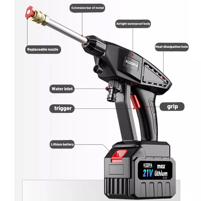21 V kabelloser Hochdruckreiniger, 60 Bar Multifunktionsdüse, 1 x batteriebetriebenes Kupfermotor-Waschset zum Autowaschen und Fensterreinigen