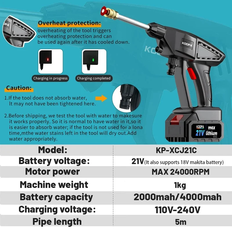 21 V kabelloser Hochdruckreiniger, 60 Bar Multifunktionsdüse, 1 x batteriebetriebenes Kupfermotor-Waschset zum Autowaschen und Fensterreinigen