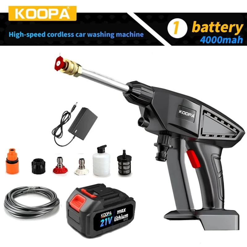 21 V kabelloser Hochdruckreiniger, 60 Bar Multifunktionsdüse, 1 x batteriebetriebenes Kupfermotor-Waschset zum Autowaschen und Fensterreinigen