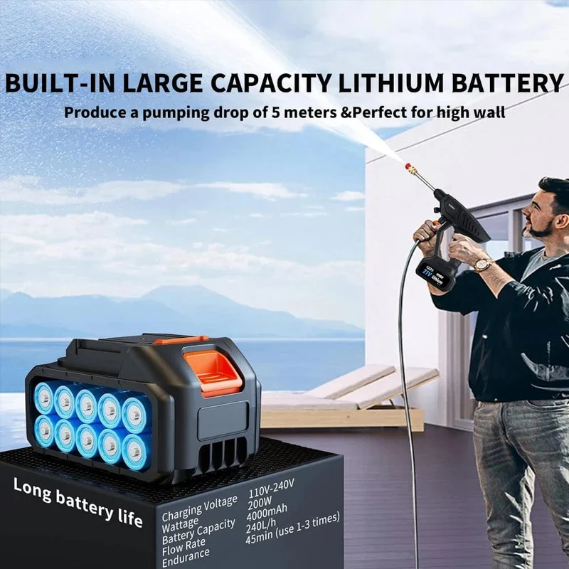 21 V kabelloser Hochdruckreiniger, 60 Bar Multifunktionsdüse, 1 x batteriebetriebenes Kupfermotor-Waschset zum Autowaschen und Fensterreinigen