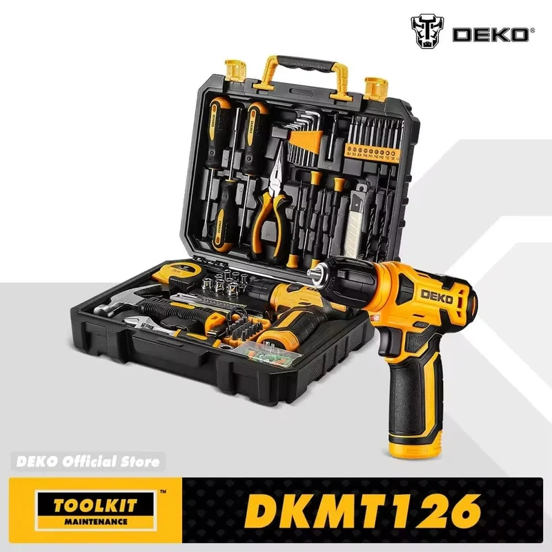 DEKO 126-teiliges Elektrowerkzeug-Kombi-Set mit 8-V-Akku-Bohrmaschine, 10 mm 3/8 Zoll Schnellspannbohrfutter, professionelle Heimwerker-Handwerkzeug-Sets