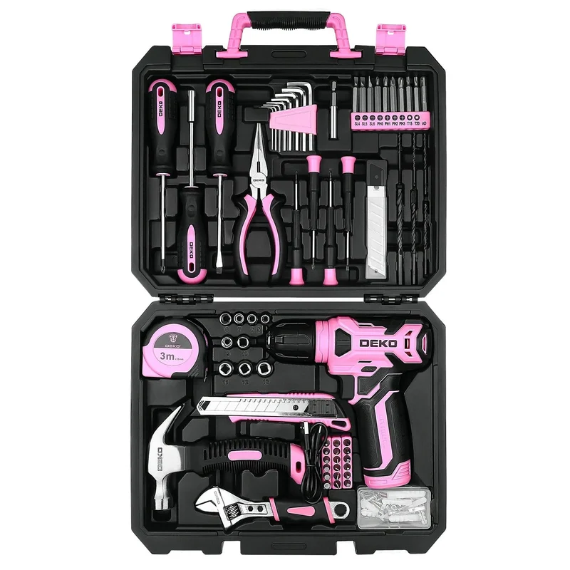 DEKO 126-teiliges Elektrowerkzeug-Kombi-Set mit 8-V-Akku-Bohrmaschine, 10 mm 3/8 Zoll Schnellspannbohrfutter, professionelle Heimwerker-Handwerkzeug-Sets