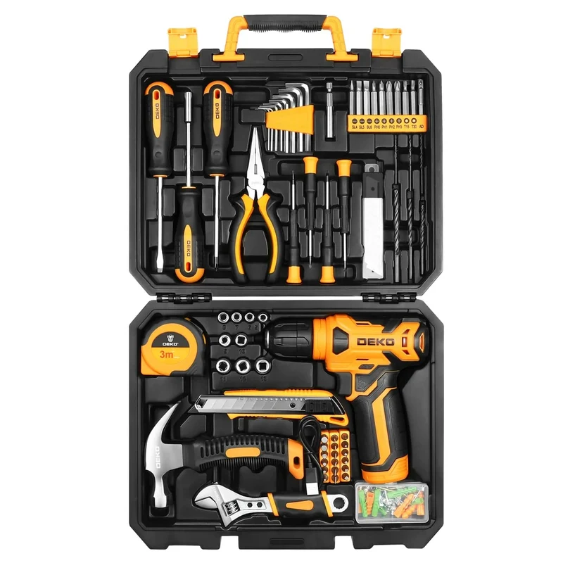 DEKO 126-teiliges Elektrowerkzeug-Kombi-Set mit 8-V-Akku-Bohrmaschine, 10 mm 3/8 Zoll Schnellspannbohrfutter, professionelle Heimwerker-Handwerkzeug-Sets