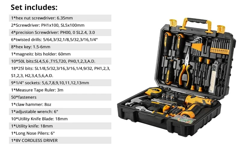 DEKO 126-teiliges Elektrowerkzeug-Kombi-Set mit 8-V-Akku-Bohrmaschine, 10 mm 3/8 Zoll Schnellspannbohrfutter, professionelle Heimwerker-Handwerkzeug-Sets