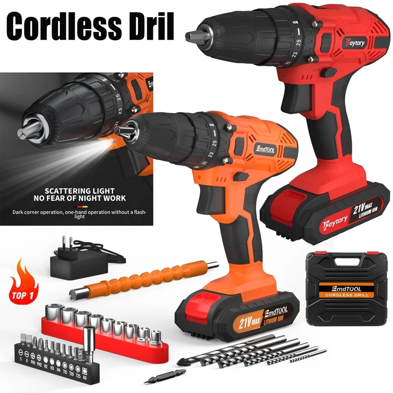DayPlus 21 V Akku-Bohrmaschine, 3/8 Zoll Handschrauber-Bohrer-Set mit 25+1 Drehmomenteinstellung, 1.5 Ah Lithium-Ionen-Akku und Schnellladegerät