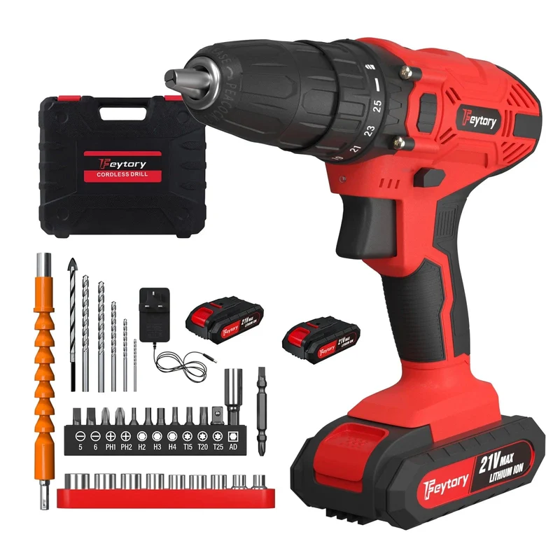 DayPlus 21 V Akku-Bohrmaschine, 3/8 Zoll Handschrauber-Bohrer-Set mit 25+1 Drehmomenteinstellung, 1.5 Ah Lithium-Ionen-Akku und Schnellladegerät