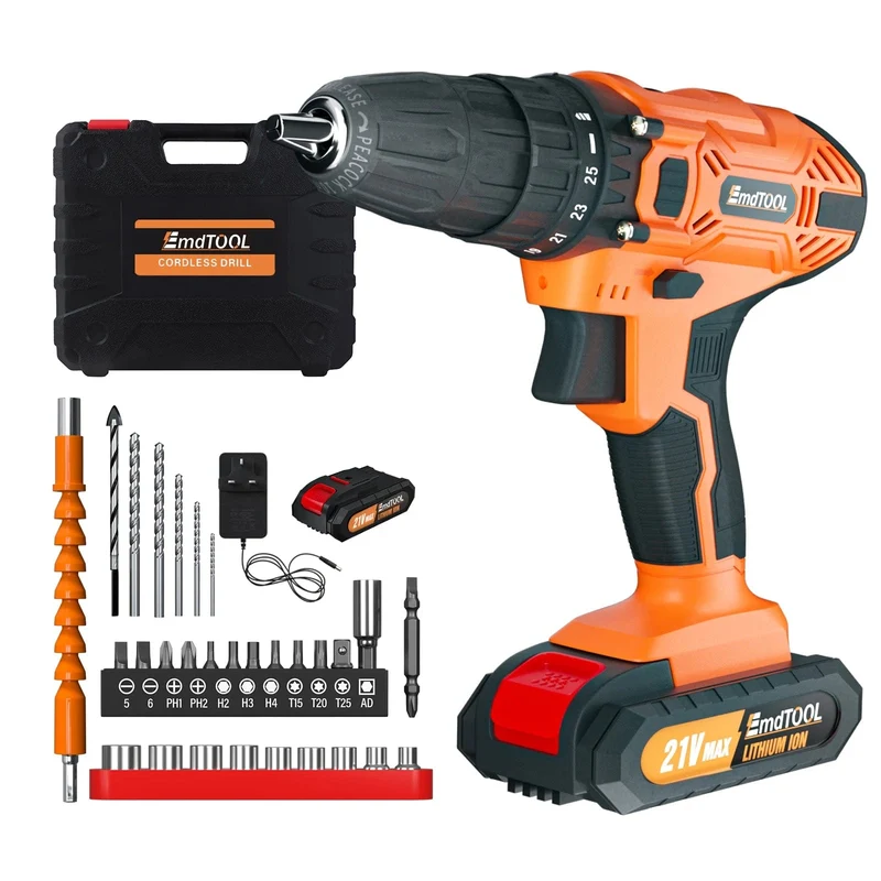 DayPlus 21 V Akku-Bohrmaschine, 3/8 Zoll Handschrauber-Bohrer-Set mit 25+1 Drehmomenteinstellung, 1.5 Ah Lithium-Ionen-Akku und Schnellladegerät